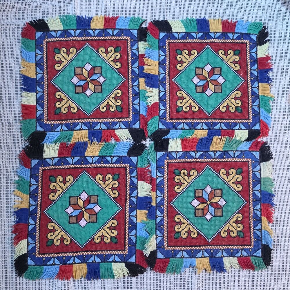 Vintage European Balkans Wool Cross Stitch Place Mates Or Chair Covers Set Of 4